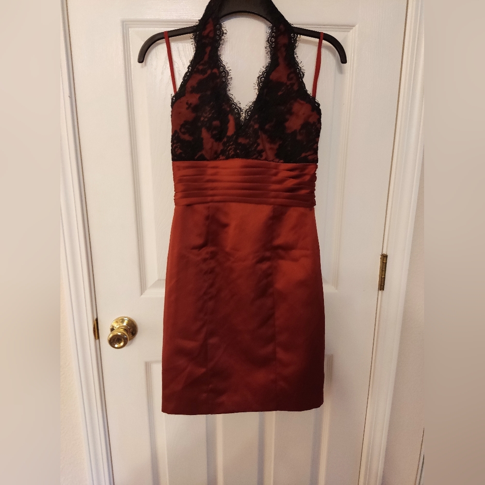 Alexia Couture Party Cocktail Dress Size 4 Halter Satin And  Lace Burgundy Black